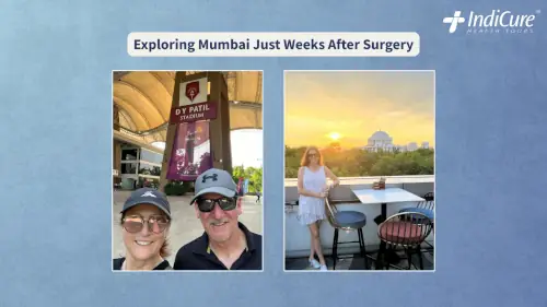 Louise Walch reclaiming her mobility by exploring Mumbai landmarks, showing the rapid recovery possible through a robotic hip replacement journey in India.